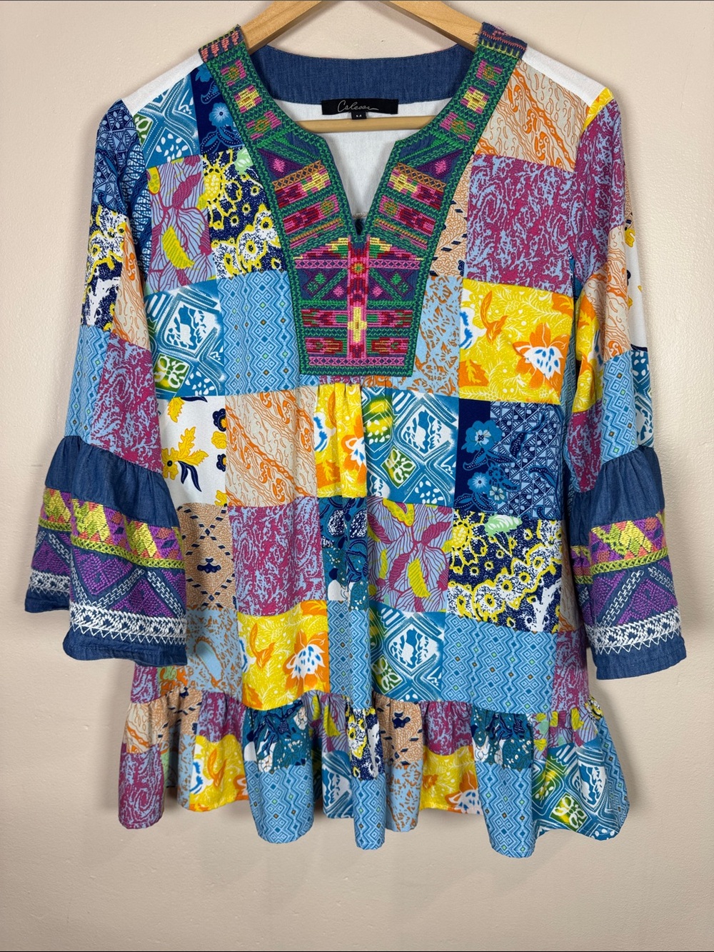 Calessa Embroidered Patchwork Top Multicolor M Ruffle Colorful Bolo